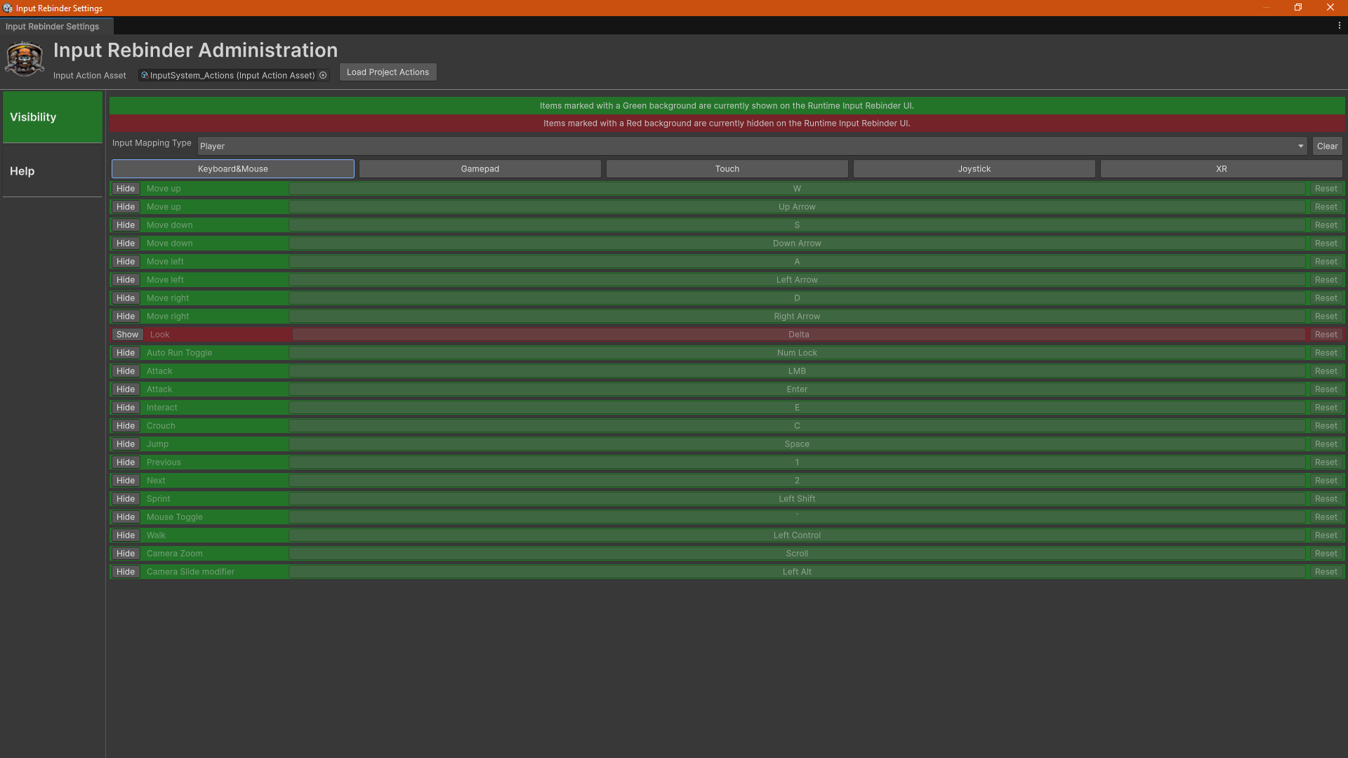 Administration window for the Input Rebinder