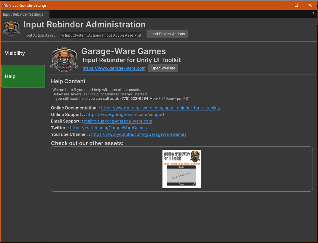 Administration help page for the Input Rebinder Asset with Unity UI Toolkit Examples