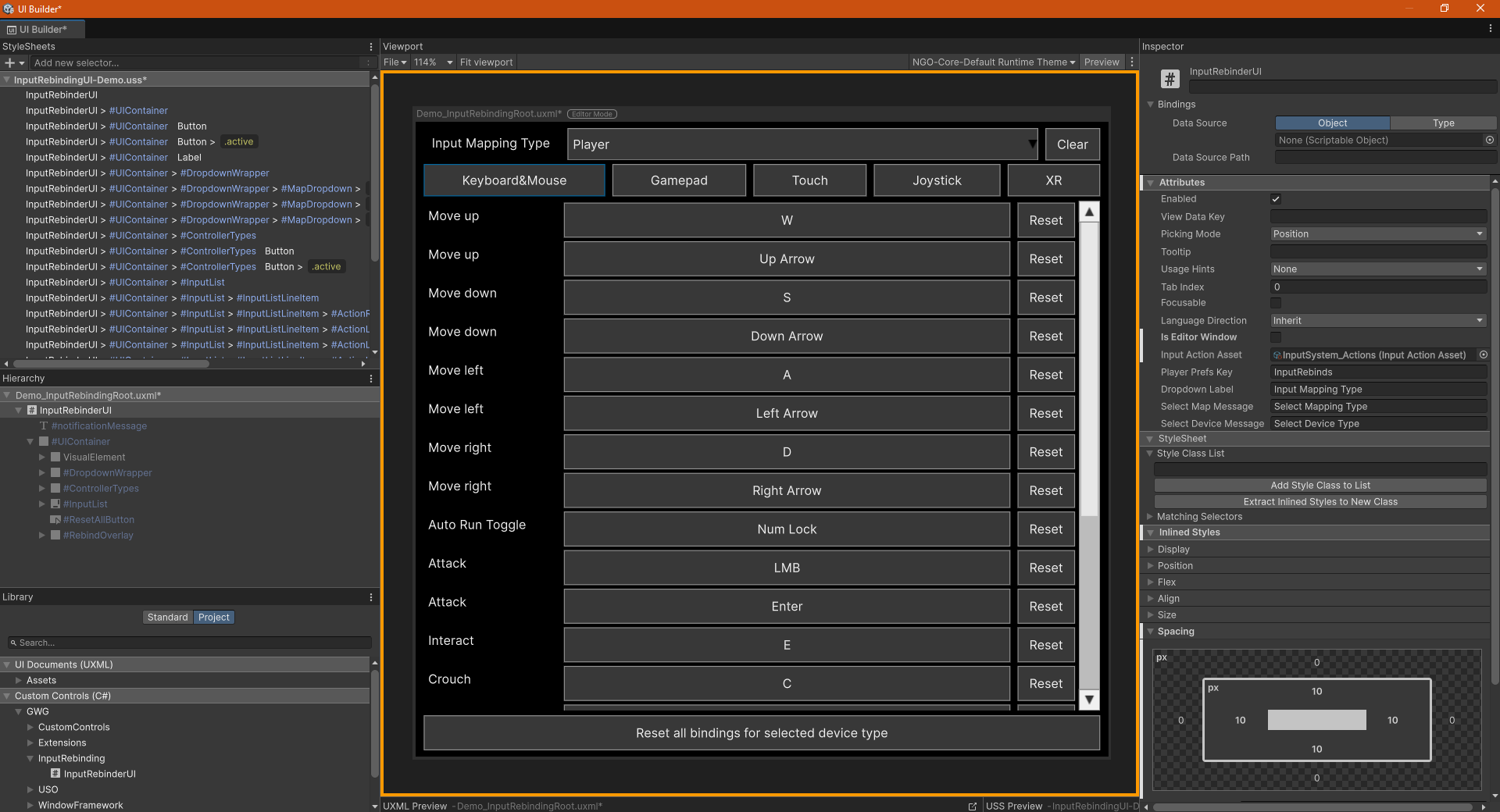 Screenshot of input rebinder in UI Builder preview mode showing the runtime input rebinding UI