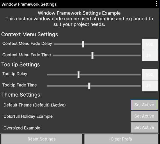 window framework runtime starter settings window