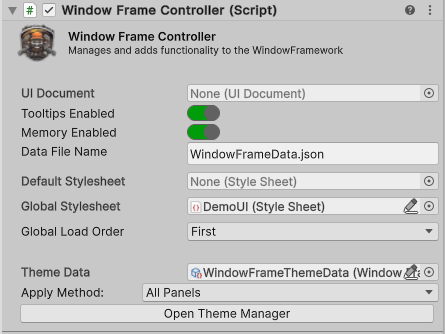 Inspector view of controller for the Window Framework for Unity UI Toolkit