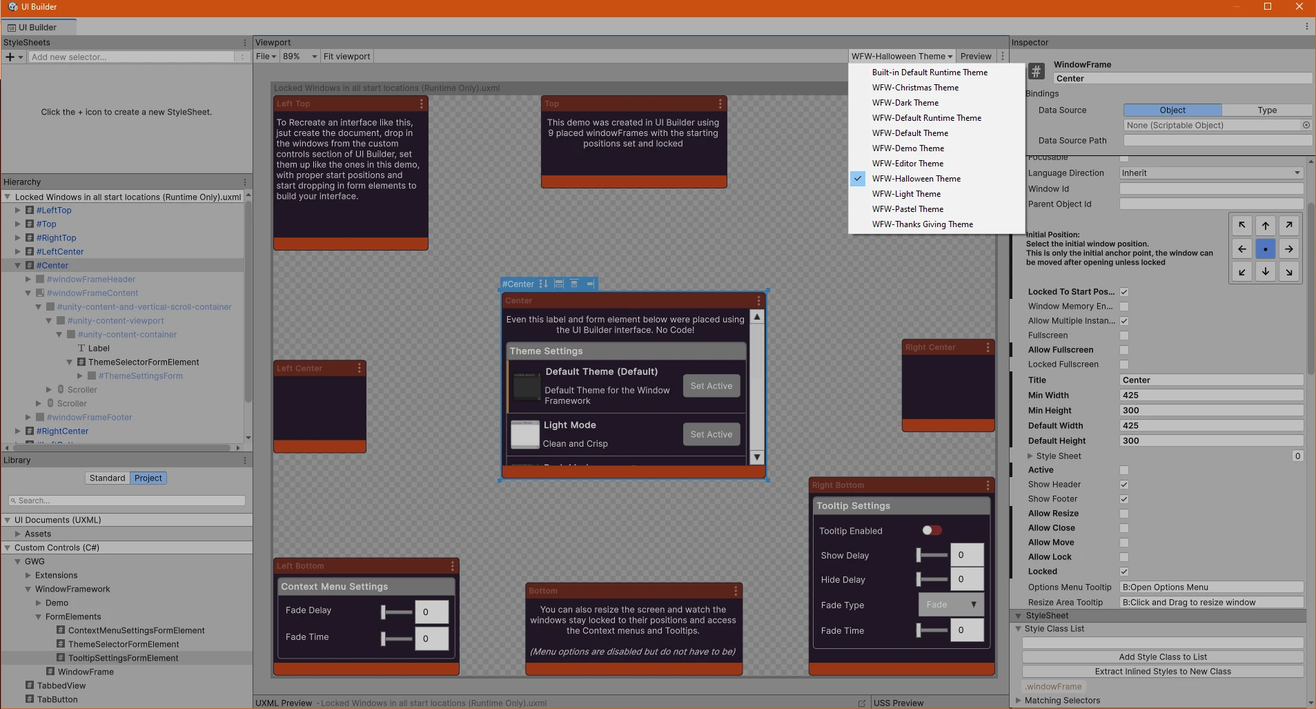 WIndow Framework Static Demo in UI Builder