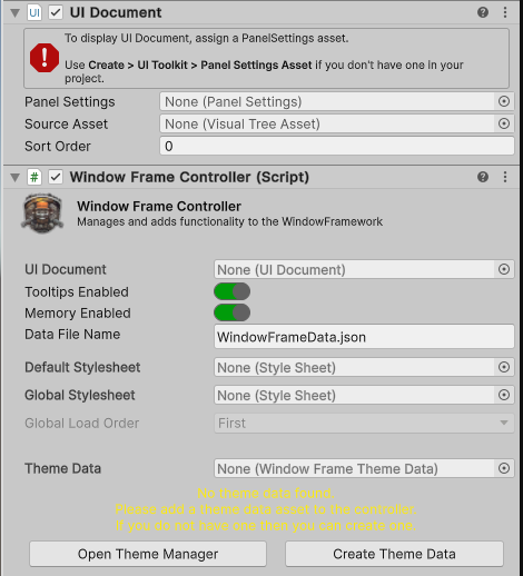Inspector view of controller for the Window Framework for Unity UI Toolkit