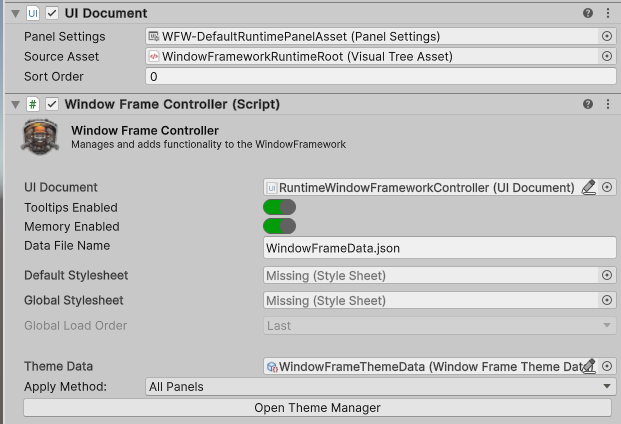 Inspector view of controller for the Window Framework for Unity UI Toolkit