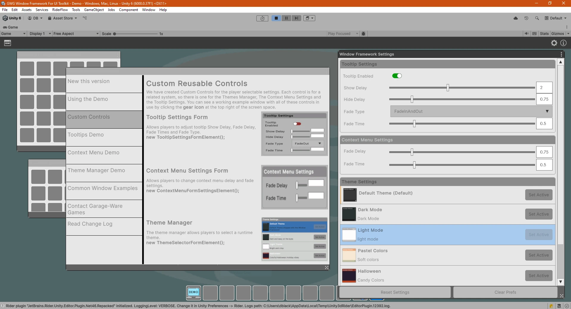 window framework editor based theme manager window