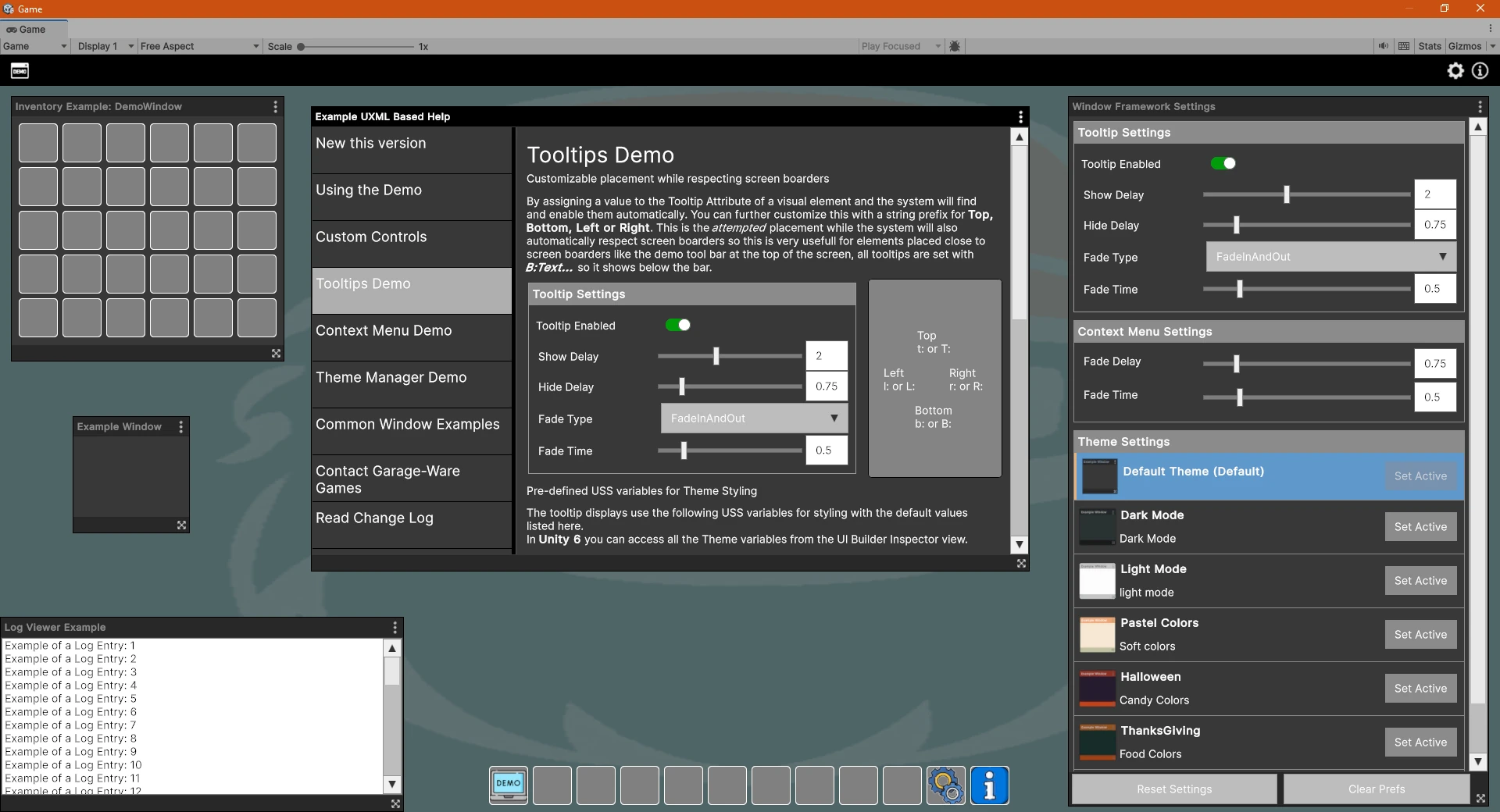Window Framework for UI TOolkit example windows and settings