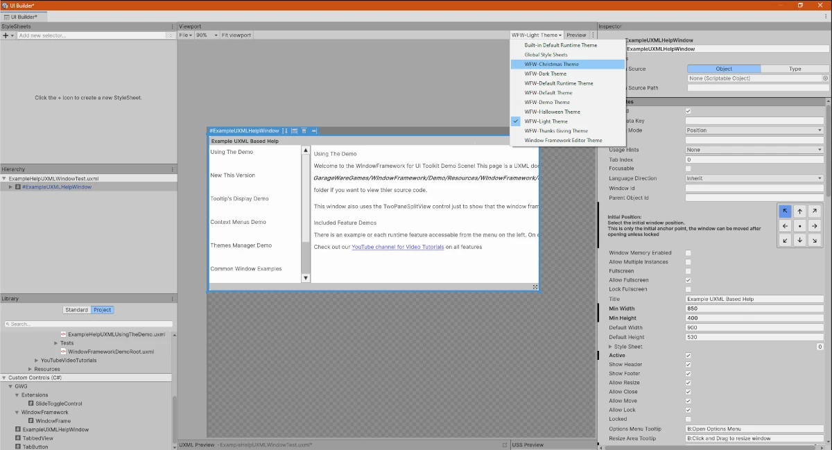 WindowFramework in Ui Builder with Themes list open