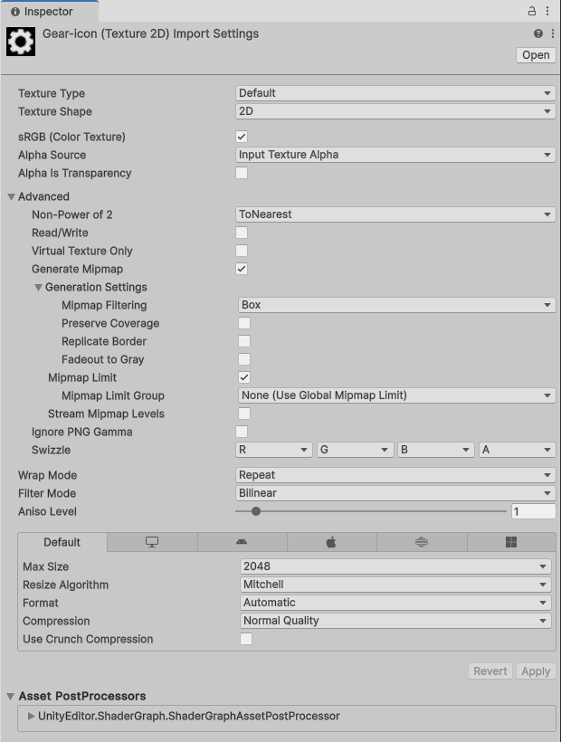 Default PNG image settings in unity inspector
