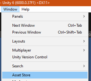 Unity Asset Installation in the project setup to open the Asset Store Window